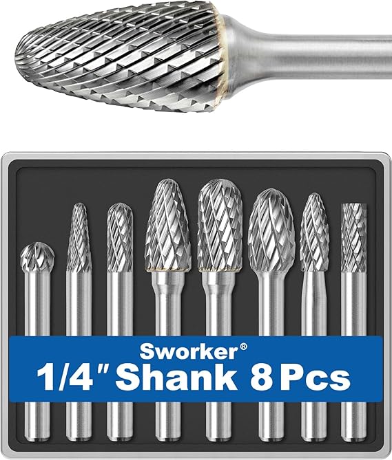 8Pcs Carbide Burr Set 1/4 Shank w/Clear Box Max Head Dia 10mm Die Grinder Bits