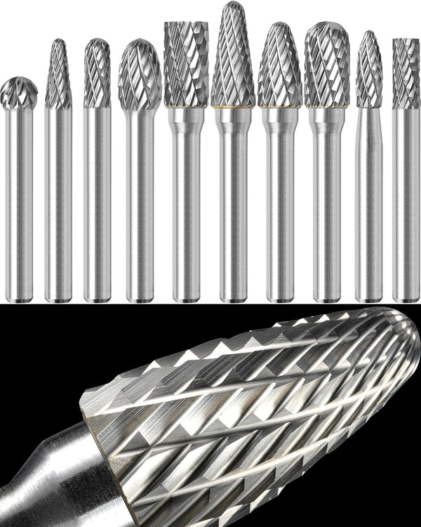 10Pcs Carbide Burr Set 1/4 Shank w/Clear Box Max Head Dia 10mm Die Grinder Bits