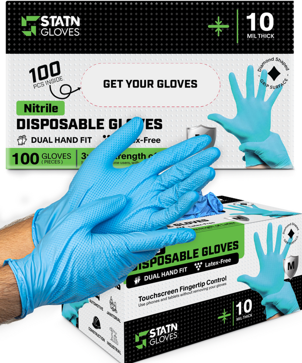 10 Mil Nitrile Non-Sterile Gloves | Heavy Duty Disposable | Diamond Texture | Latex Free | Blue | Staten Gloves